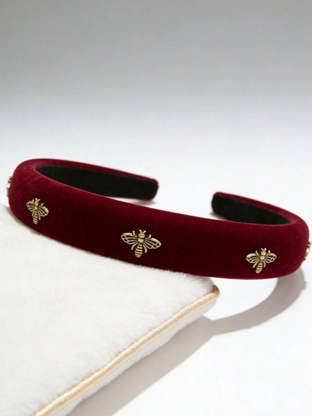 Burgundy Velvet Headband‎ with Gold Bee Accents